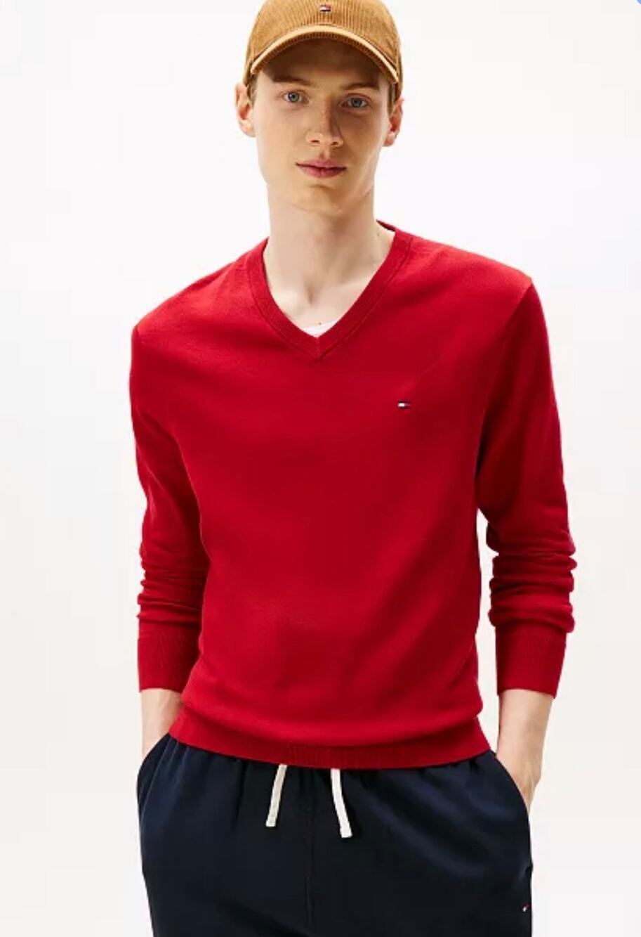 Tommy Hilfiger Men’s Red V Neck Long Sleeve Cotton Large Sweater